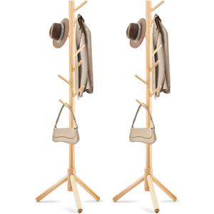 2 PCS Coat Rack, Freestanding Coat Rack with 8 Hooks and 3 Adjustable Size Tree Coat Racks for Bedroom, Hallway, Entrance, Office, for Hats, Coats, Scarves, Handbags (Natural)