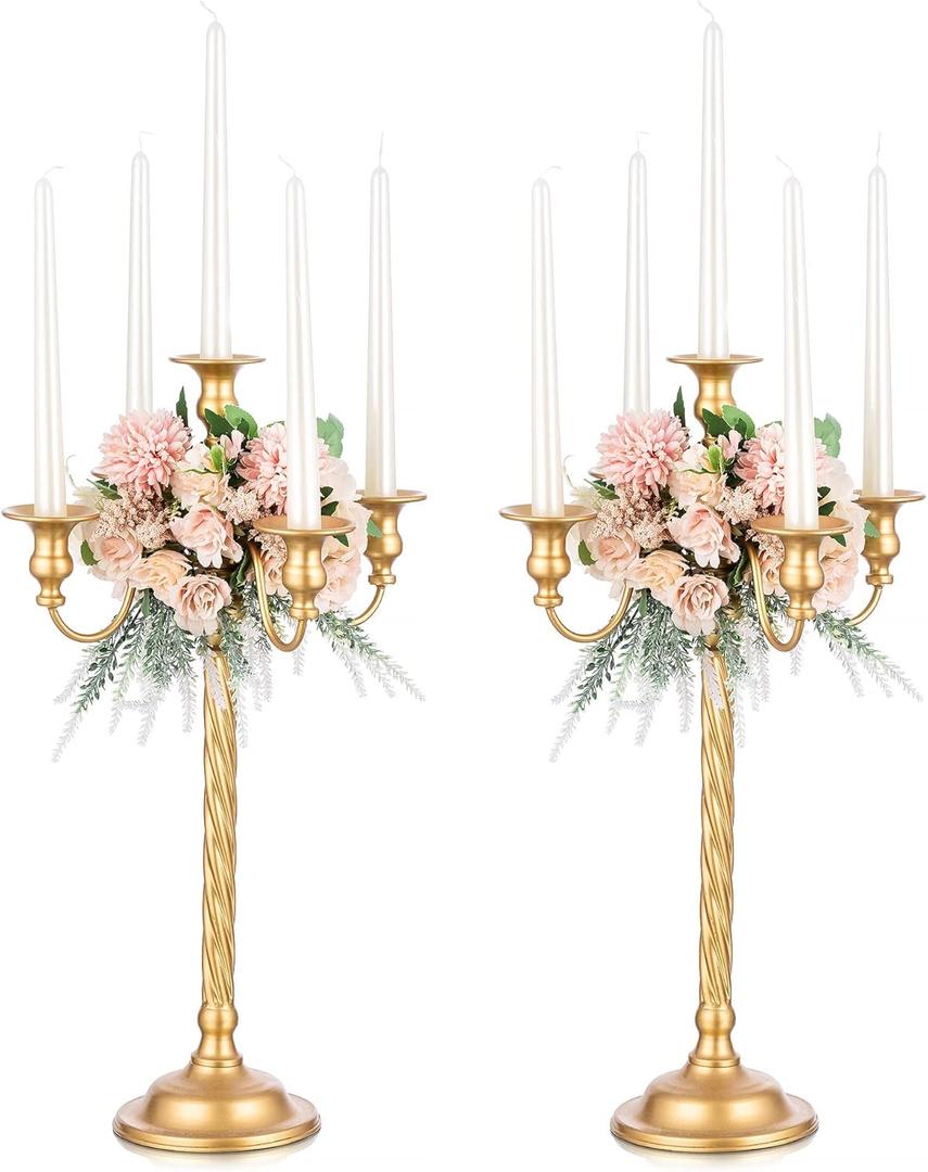 Romadedi Candelabra Gold Candle Stand: 21'' Tall 5-Branch Candlestick Holder for Wedding Centerpiece Decor Christmas Holiday Event Reception Decoration, Set of 2
