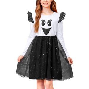 Girls Halloween Tulle Tutu Dress Long Sleeve Holiday Star Sparkle Skirt 4-12 Years