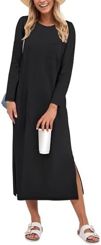 ANRABESS Womens 3/4 Long Sleeve Striped Slit Midi T Shirt Dresses with Pockets 2025 Dressy Casual Fall Fashion Travel Outfits, Size L
