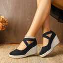 Womens Espadrilles Sandals, Closed Toe Platform for Women Slip on Elastic Ankle Strap Casual Comfortable Wedge Sandals (Black)