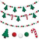 3 PCS 3D Felt Christmas Tree Garland 8.2FT Candy Cane Xmas Tree Banner Pom Pom Garland Hanging Felt Balls Christmas Decorations Red Green White for Classroom Fireplace Office Wall Window Home