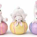 GoGnome Easter Decoration Indoor, Set of 3 Resin Easter Bunny Figurines on Pastel Eggs – 6.5''H Playful Rabbit Spring Decor for Shelf, Mantel & Tabletop (Pink/Yellow/Purple)