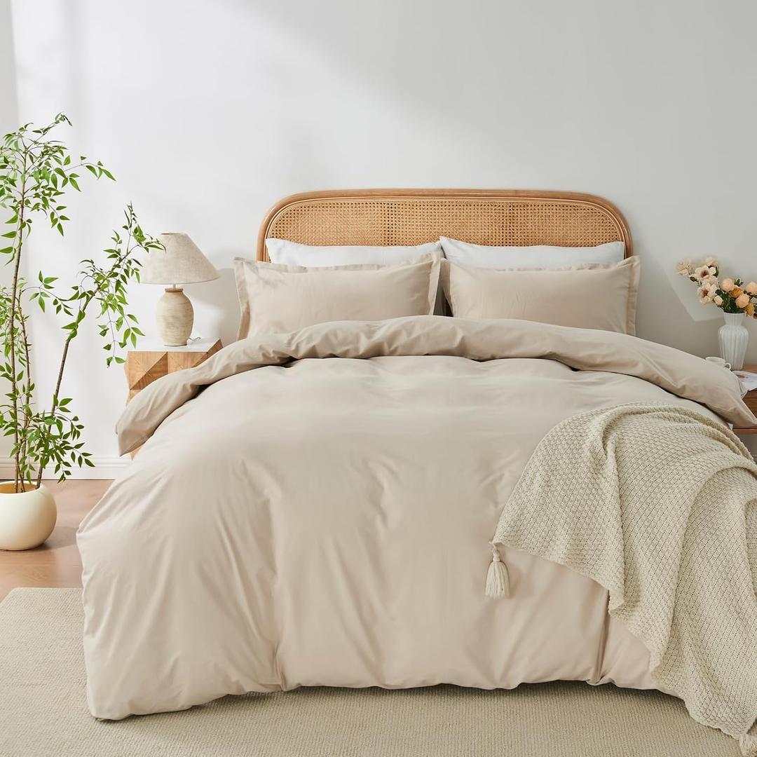 OAITE 100% Washed Cotton Duvet Cover Queen Size Soft Breathable Durable Bedding with Zipper Closure & 8 Corner Ties- 3 Pieces Plain Simple Duvet Cover Set,2 Pillow Shams,1 Duvet Cover(90"x90")