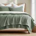 EVERGRACEHOME Stonewashed Cotton Quilt Set Full Queen Size, Ultra Soft Oversized Bedspread Coverlet Set, Lightweight Crinkle Box Stitch Bedding Sets for All Season, with 2 Shams, Olive Green