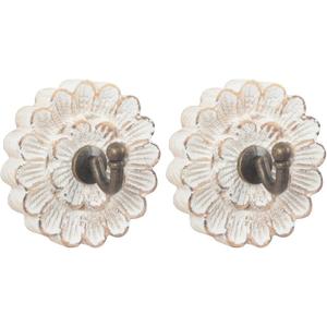 Distress Wood Flower Coat Hooks for Wall Hanging, Single Small Vintage Decorative Hanger for Keys, Bags, Towels (Robe Hanger S/2)