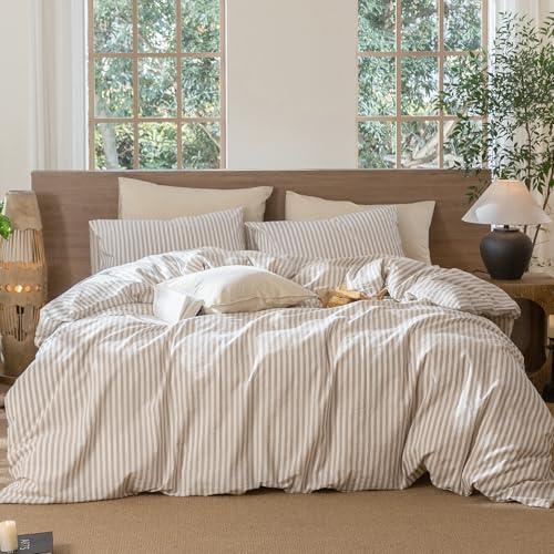 MooMee Striped Duvet Cover Set 100% Washed Cotton Linen Like Textured Breathable Durable Soft Comfy (Tannish Linen Grey White Classic Stripes, Oversized Queen 98"x98")