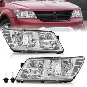 Headlight Assembly Set for 09-20 Dodge Journey Driver and Passenger Side Chrome Housing Clear Reflector Bulbs Included