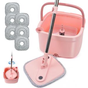 Spin Mop and Bucket Set with Self Separation Dirty and Clean Water System Self Wringing 360 Rotating Clean Mop-Head for Hardwood Tile Marble Floors- (Pink) (6pads)