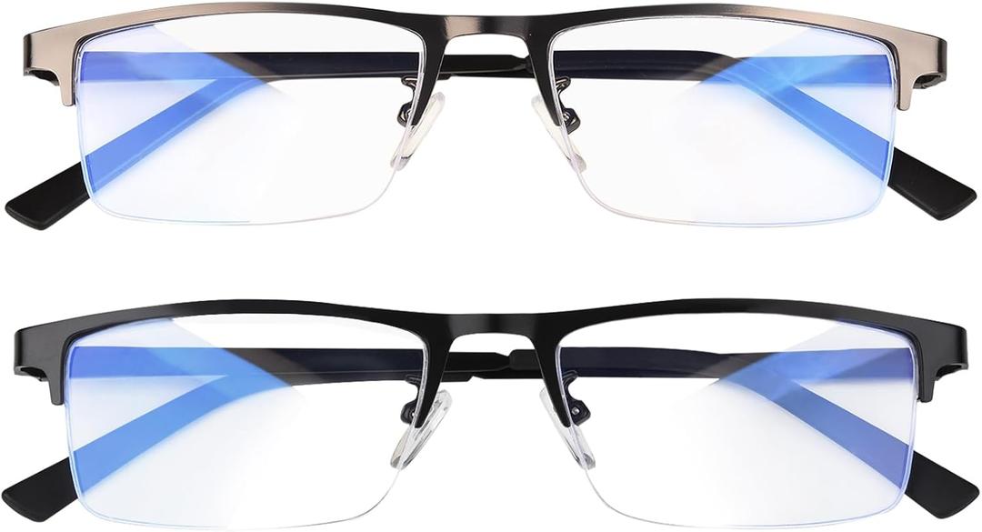 Blue Light Blocking Glasses, Lightweight Metal Half Frame Computer Reading/Gaming/TV/Phones Glasses, Filter UV Ray/Computer Glare with Spring Hinge Eyeglasses(Black+Gray)