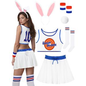 RUODON 6PCS Halloween Bunny Costume for Women, Basketball Jersey Outfit with Top Skort Headband Wristbands Socks Tail (Medium)
