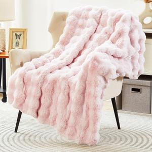 DREAMNINE Soft Faux Bubble Rabbit Fur Throw Blanket for Couch, Thick Cozy Decorative Warm Fuzzy Fur Blanket for Sofa Chair Bedroom Living Room Dorm Women Gift, 50 x 60 Inches, Pink