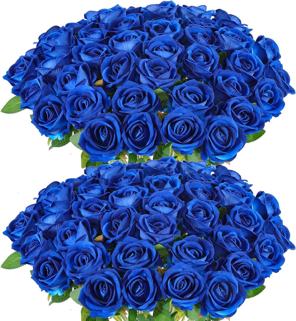 Hananona 50 Artificial Roses in Bulk, Fake Silk Roses Realistic Blue Roses for Wedding Centerpieces Flower Arrangement Home Decor (Blue)