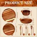 28 Pcs Acacia Wood Dinnerware Set, Round Wooden Plates, Solid Wooden Bowls and Spoon Fork Knife Cutlery Set Acacia Wood Tableware Supplies, Easy Cleaning Lightweight for Dish Snack Dessert