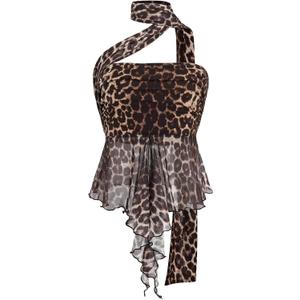 Milumia Women Leopard Print Mesh Halter Top with Scarf Ruffle Trim Crop Tops (Medium, Dark Brown)