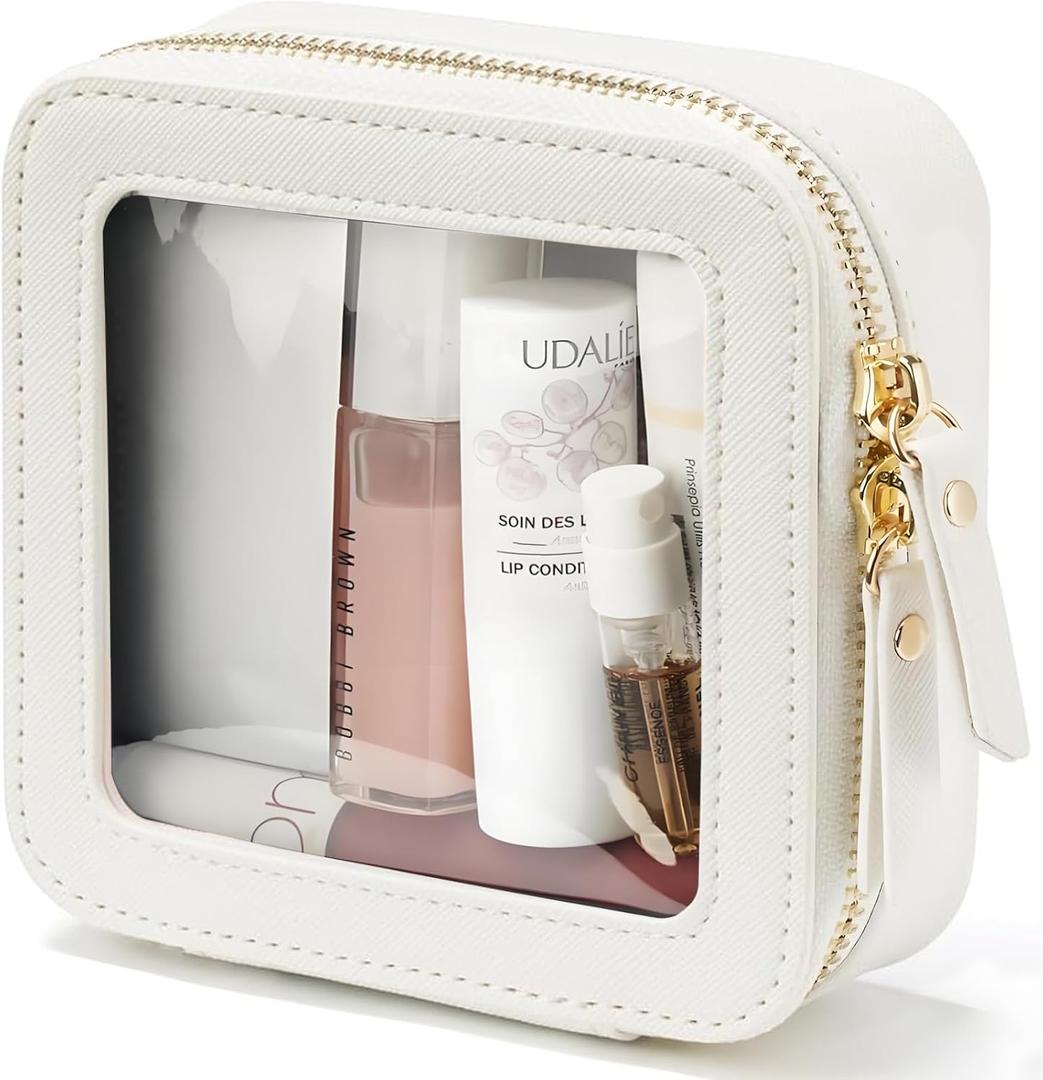 M-YOUNG Mini Clear Makeup Bag Travel Cosmetic Case Transparent Toiletry Bag with Zipper,Portable Make Up Cute Small Travel Cosmetic Bag for Women Waterproof Toiletry Bag (White)