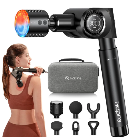 NAPRE Massage with Heat and Cold Head, Deep Tissue Handheld Percussion Back Massager for Muscle/Neck/Body Pain Relief with Long Extension Retractable Handle,32-Speeds,Foldable,5 Adjustable Angles