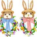 Zeyune 2 Pcs 18.1"x 11.4" Easter Bunny Wreath with Colorful Eggs Artificial Easter Wreath Mixed Flowers Green Leaves Hanging Bunny Shaped with Straw Hat and Bow for Front Door Wall(Bow Bunny)