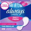 Always Daily Fresh Thin Liners, Regular Absorbency, Unscented Panty Liners, 216 Count