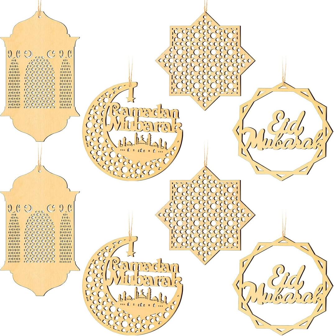 8 Pieces Ramadan Ornaments Decoration Eid Mubarak Door Sign Wooden Hanging Signs Kareem Hollow Pendant Party Wall Decor Moon Star Lantern Shape Ornament for Muslim Islam Festive Home Table Decoration
