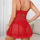 Foxiny Sexy Open Front V Neck Ruffle Sheer Mesh Lace Wireless Babydoll Lingerie Dress with Thong 2 Piece (Red, M)