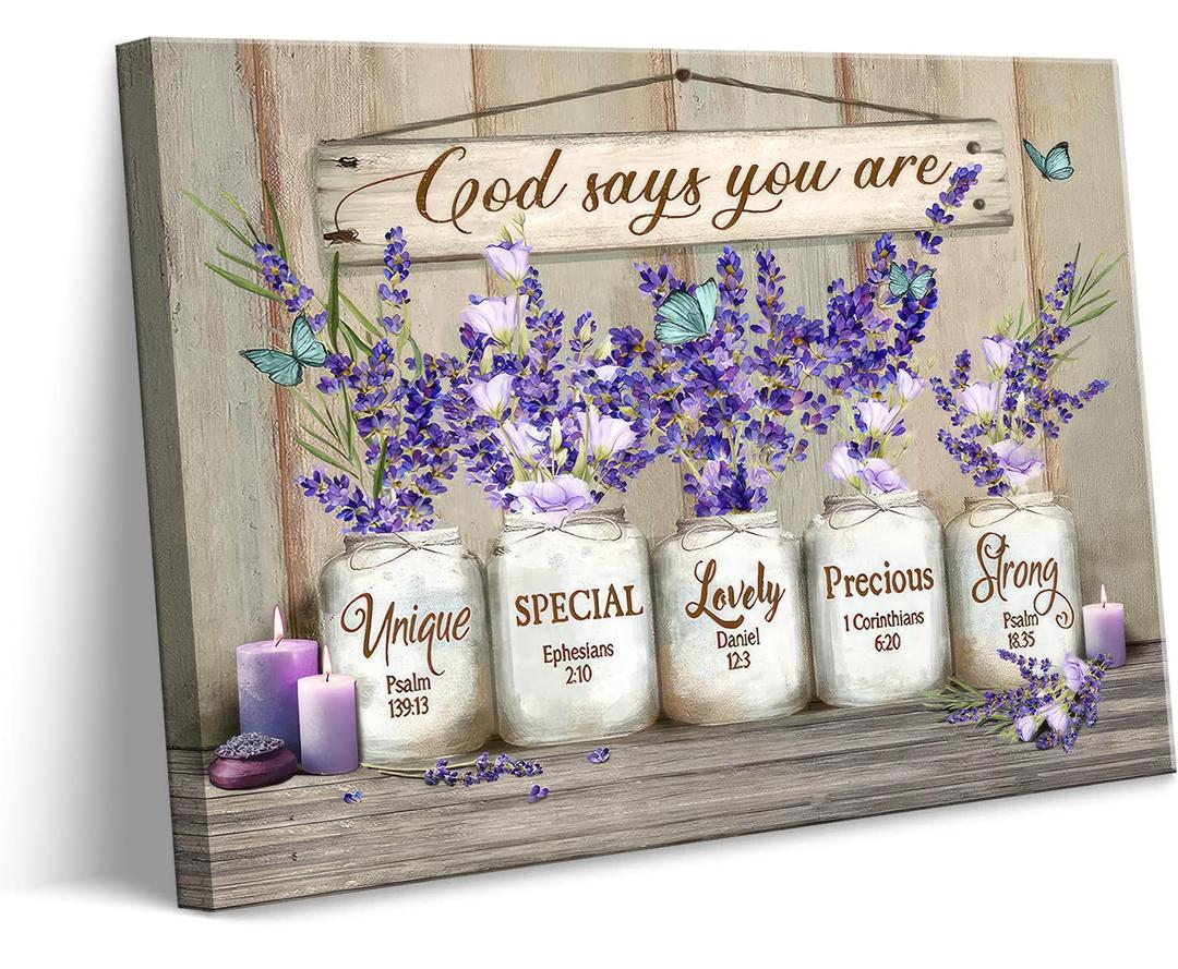 Christian Inspirational Bible Verse Canvas Wall Art God Says You Are Wall Decor Pictures Marson Jars and Butterfly Lavender Religious Artwork for Women Girl Bathroom Bedroom Decoration 16x24in