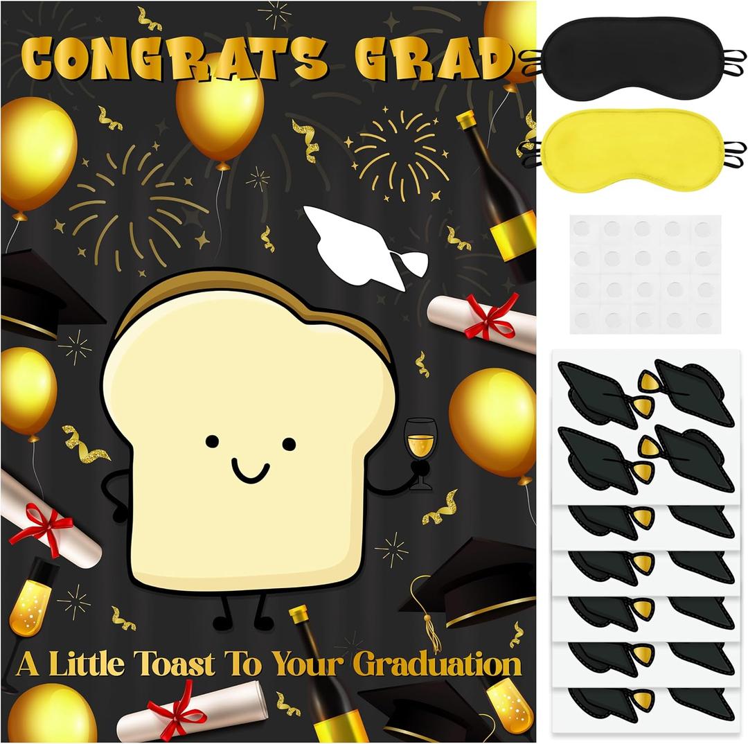 Pin The Cap On The Toast Game Class of 2026 Graduation Congrats Grad Poster with 24 Pcs Stickers Fun Activity Party Decorations Supplies for Kindergarten Senior High School College Students