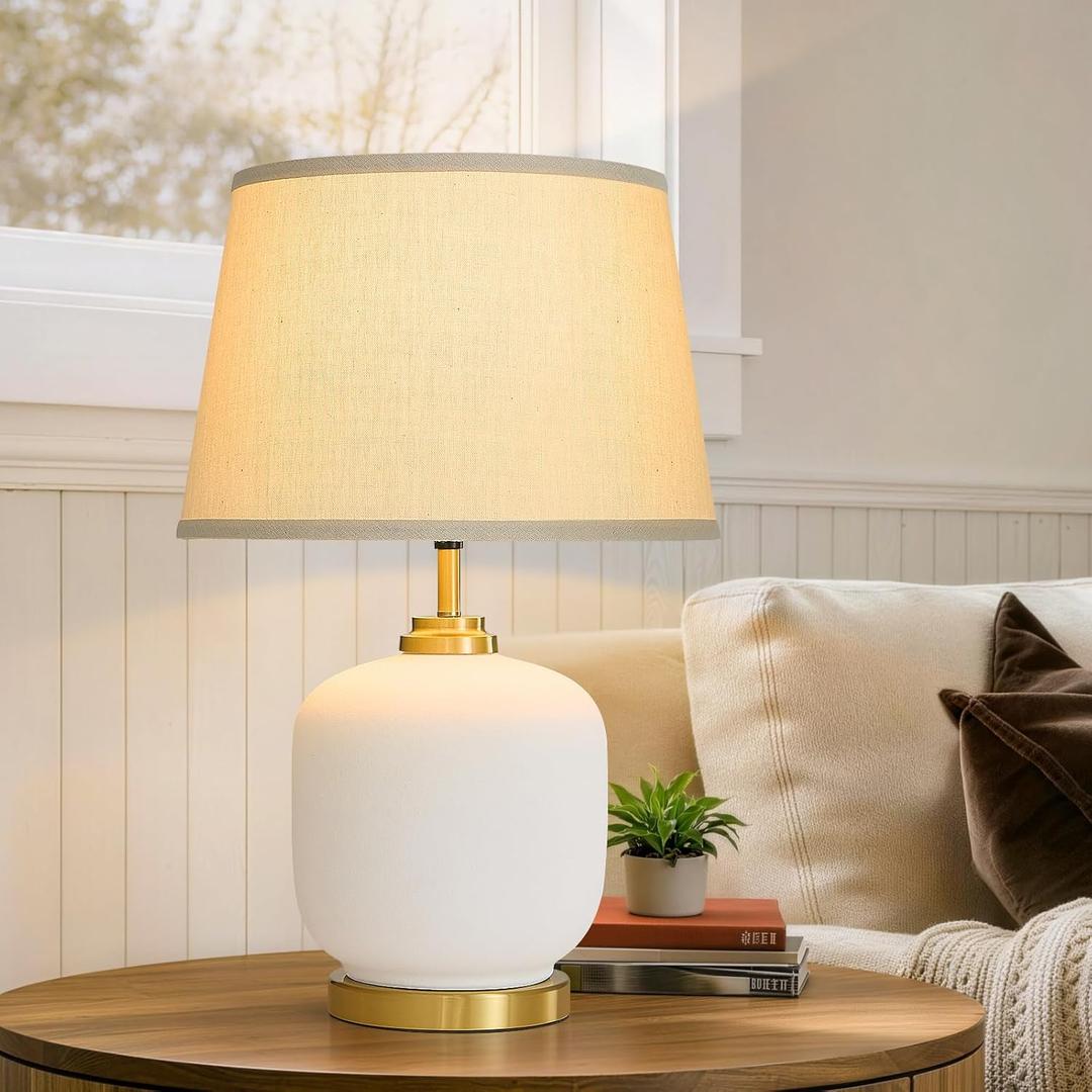 Farmhouse Ceramic Table Lamp: 23" Home Rustic Boho Ivory Pot Nightstand Lamps for Bedroom Living Room Night Stands Dining Office with White Tapered Drum Shade