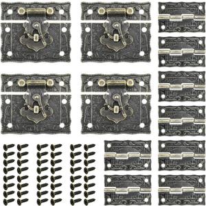 4 Sets Engraved Antique Hasp Latch Buckle and Vintage Engraved Hinge with Matching Screws Kit Bronze Rectangle Lock for Repair and Decorative Wooden Cases