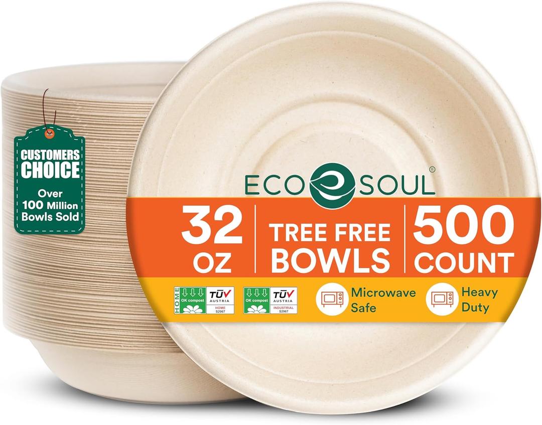 Ecosoul 100% Compostable 32 Oz Soup Bowls [500-Pack] Disposable dinner bowls I Heavy duty paper bowl I Eco-friendly salad bowl I Biodegradable large Bowls (Natural)