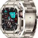 BAITEYOU Stainless Steel Watch Band with Case Compatible with Apple Watch Series 9 8 7 45mm, Rugged Strap with Metal Protective Bumper Cover for iWatch Bands Men (Titanium Color)