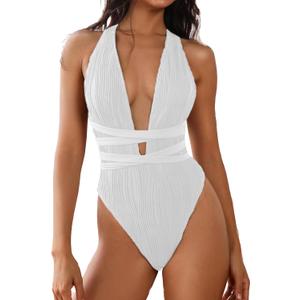 ZAFUL Women's One Piece Swimsuit Deep V Neck Ribbed Self Tie Sexy High Cut Bathing Suit Crisscross Back Swimwear (White), S