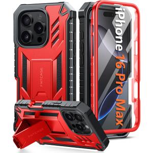 FNTCASE for iPhone 16 Pro-Max Case: Military Grade Drop Proof Protection Mobile Cover with Kickstand | Matte Textured Rugged Shockproof TPU | Protective Sturdy Phone Case - 6.9 inch Red