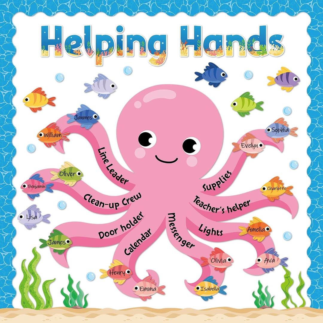 Helping Hands Bulletin Board Set Summer Ocean Theme Class Job Bulletin Board Under The Sea Classroom Decoration Sea Animals Octopus Fish Cutout for School Chalkboard Wall Decor Back to School Supplies