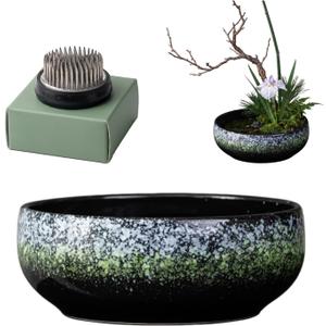 Water Lotus Bowl Planter Kit - Japanese Compote Bowl Ikebana Vase Set w/ 1.8" Floral Frog- Ideal for Ikebana, Flower Arrangement & Hydroponic Planting (Green Spots)