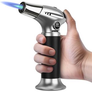 Sondiko Blow Torch, Butane Torch Lighter, Refillable Creme Brulee Torch with Adjustable Flame, Safety Lock for Soldering, Kitchen, Welding, Butane Gas Not Included (Black and Silver)
