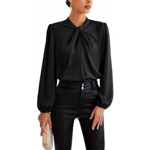 GRACE KARIN Women's Long Sleeve Shirts Mock Neck Casual Satin Blouse Tops for Business Office Work (X-Large, Black)
