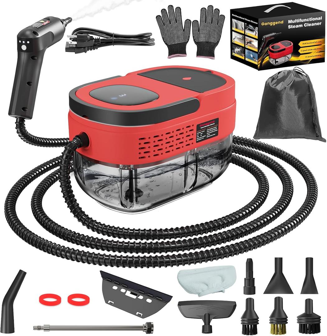 Handheld Steam Cleaner, 2500W High Pressure Steam Machine, 1.6L Water Tank, 3 Levels Adjustable Handle, Portable Cleaning Steamer for Home, Car, Bed Bugs, Furniture, Couch, Grout (Red)