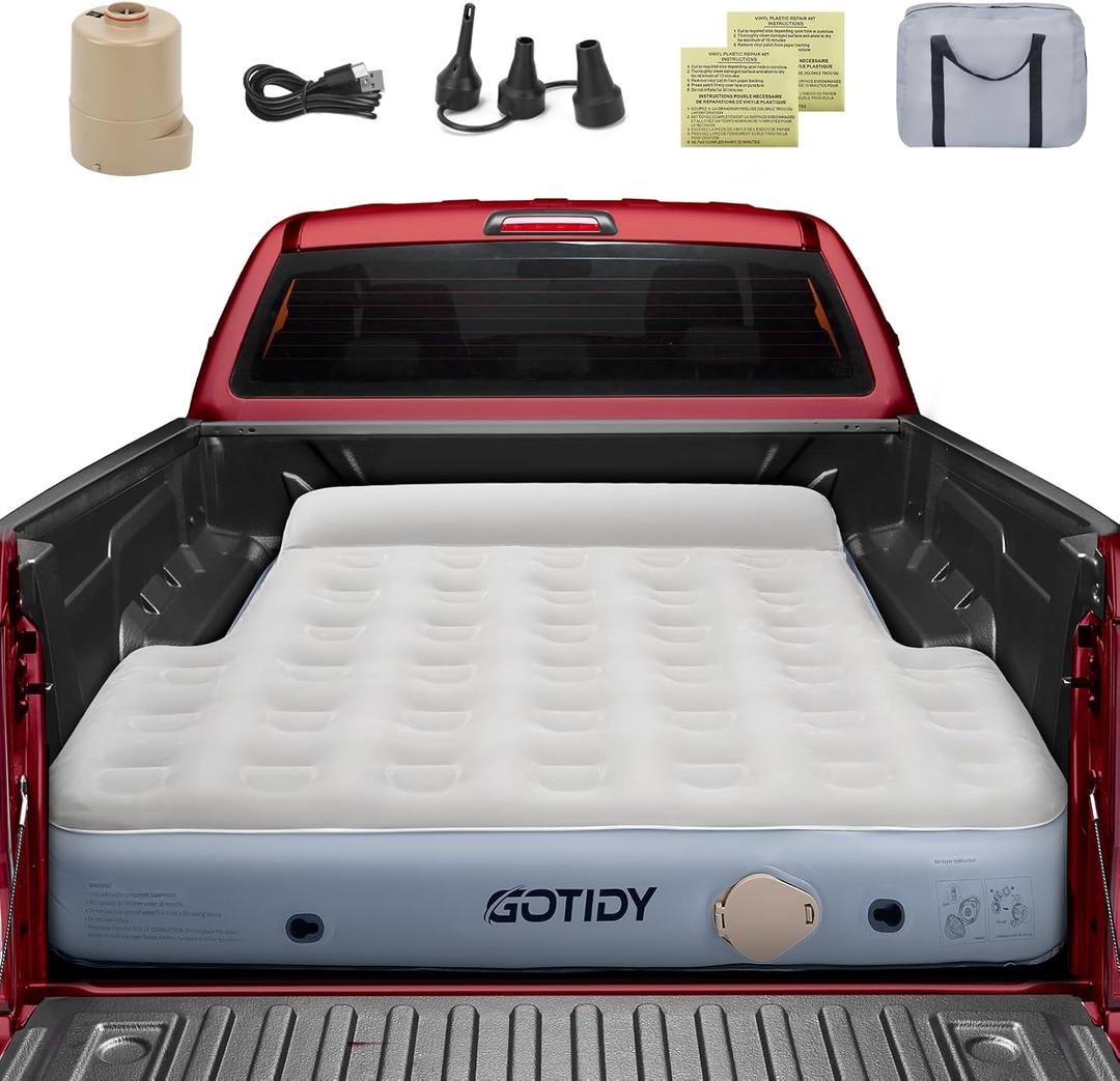 Short Truck Bed Mattress 5-5.5ft for Mid-Size Pickup, Truck Bed Air Mattress for Tacoma Jeep Gladiator JT, Rechargable Built in Pump, Integrated Pillow