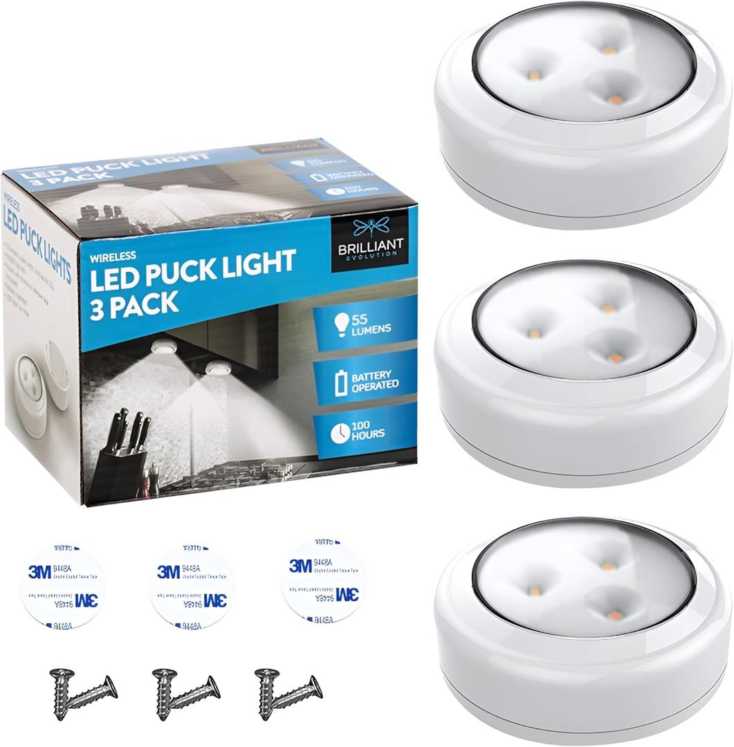Bright Evolution Under Cabinet Lights - Battery Operated Cabinet Lighting with Tap Technology - LED Puck Lights for Kitchen - Stick On Illumination for Shelves and Closets - Wireless Lighting Solution