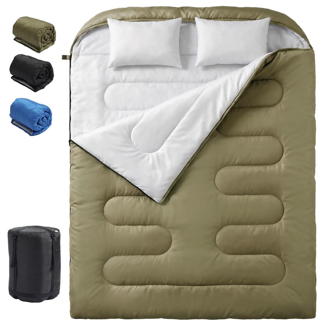 NEWBULIG Double Sleeping Bag for Adults with Pillows, XL Waterproof Lightweight 2 Person Sleeping Bags Cold Weather for 3 Season Camping Hiking Backpacking, 2-in-1 Zip Together Machine Washable