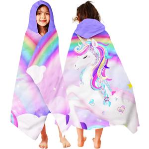 Pink Rainbow Unicorn Hooded Towel - 30" x 50" Microfiber Absorbent Quick Dry Bath Swim Pool Towel Poncho Bathrobe with Hood for Girls & Toddlers