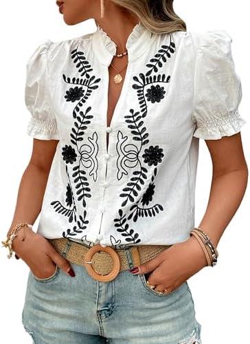Women's Summer Tops 2026 Casual Ruffle V Neck Puff Short Sleeve Button Down Shirts Embroidered Blouses L