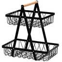 Dicunoy Metal Storage Basket with Handles, 2 Tier Wire Snack Organizer Bin for Office Cournertop, Rustic Black Basket for Home, Kitchen, Pantry, Fruit, Coffee, Pasta, Bathroom, Living Room