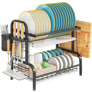 2-Tier Stainless Steel Dish Drying Rack, Space-Saving Kitchen Organizer for in/Over Sink/Counter, with Removable Drain Tray & Cutlery Holder & Utensil Holder, Black