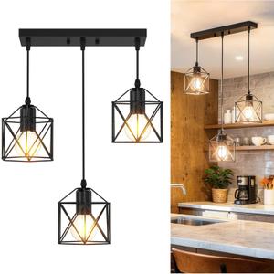 3 Light Pendant Lighting, Farmhouse Hanging Light Fixture for Kitchen Island & Dining Room, Industrial Vintage Ceiling Lamp with E26 Base, Adjustable Height, Matte Black