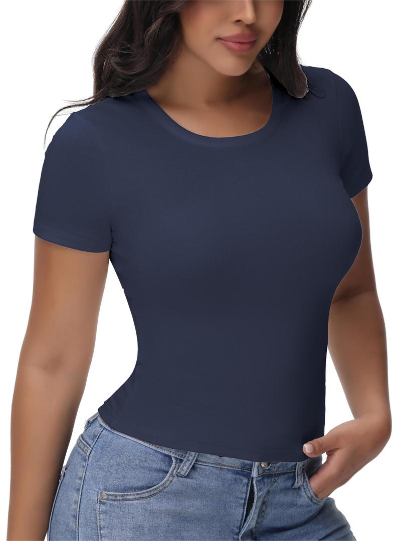 EasyFair Womens T Shirts Basic Short Sleeve Crew Neck Slim Fit Tees Summer Workout Casual Bodycon Tops 2025 Navy Blue, medium