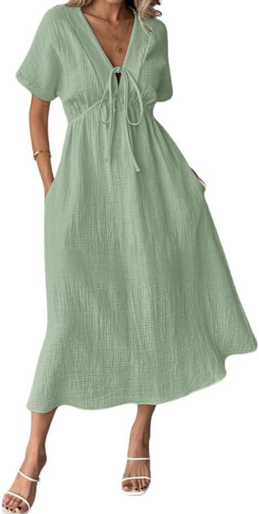 Chouyatou Women's Summer Boho V-Neck Cotton Tunic Dress Casual Loose Short Sleeve Midi Long Beach Dress (Green, XL)