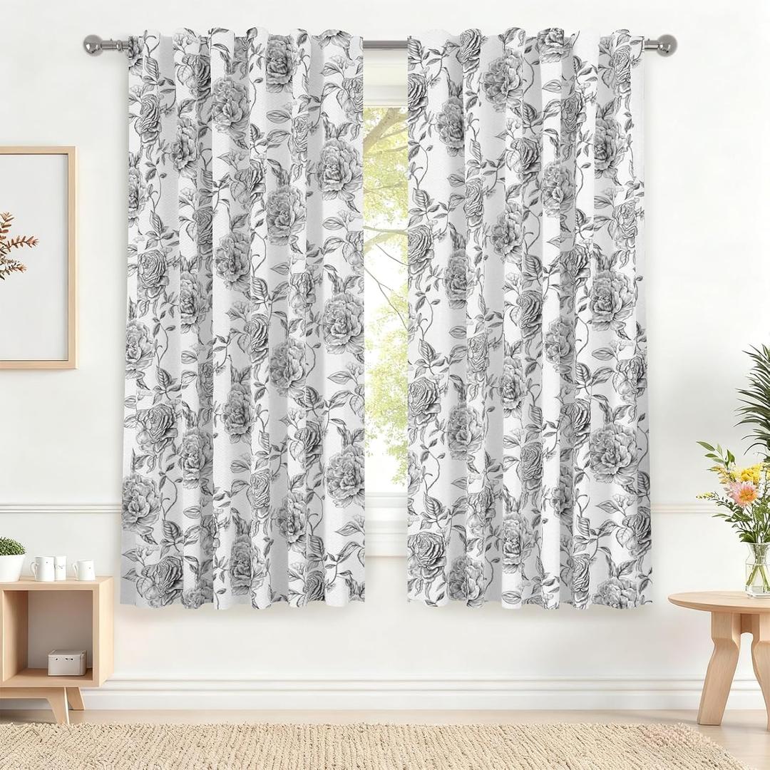 Renaiss 42 x 63 Inch Grey Floral Curtains for Bedroom Living Room Linen Texture Rose Flower Print Window Treatment Decorative Curtain Thermal Insulated Privacy Rod Pocket Window Drapes 2 Panels
