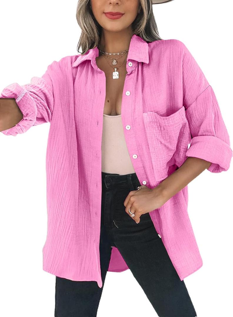 Dokotoo Womens Color Block Button Down Shirts Long Sleeve Oversized Boyfriend Blouses Tops (X-Large, 1 Rose Pink)